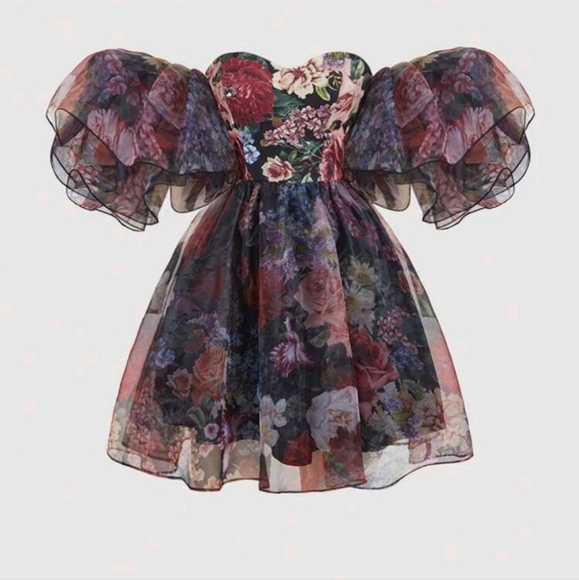 Women's Vintage Black Full Floral Print Gorgeous Palace Style Off Shoulder Dress - Picture 1 of 4
